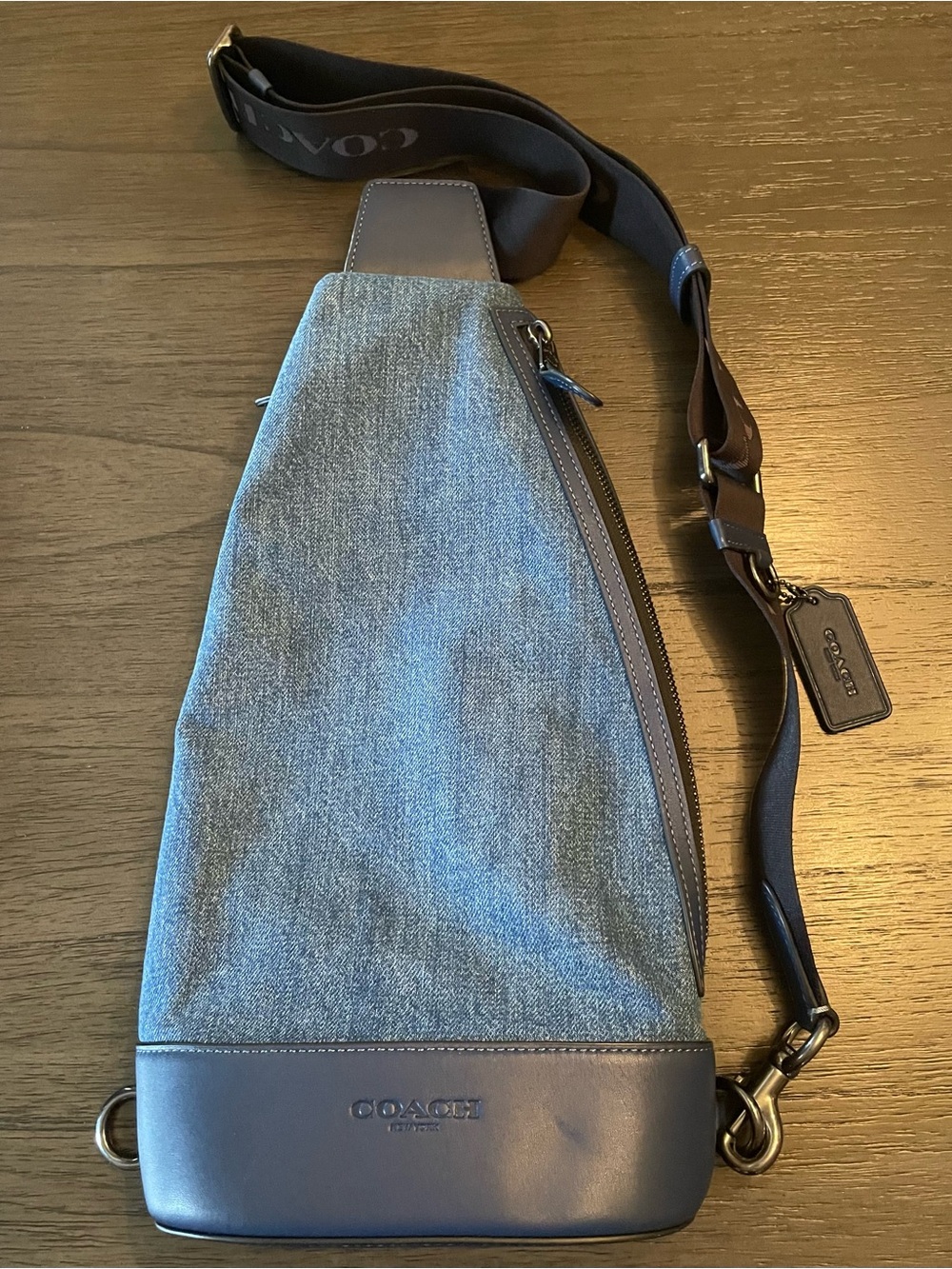 Coach Denim Dominic Sling Pack with smooth leather and Coach handtag